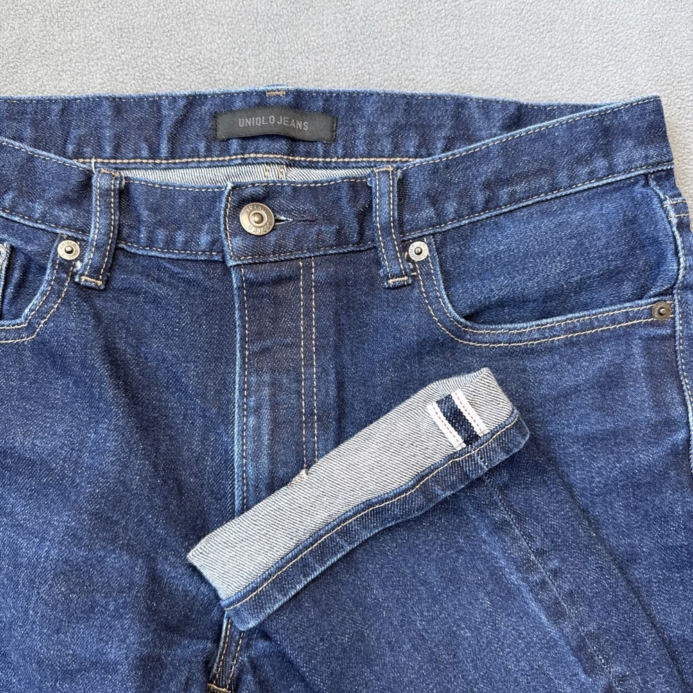 UNIQLO Jeans Mens 32 Blue Selvedge Kaihara Slim Straight Low Rise HEMMED READ